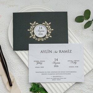 Marble Patterned White Modern Wedding Invitation Card and Green Khaki Sleeve with Gold Foiled Floral Monogram, Minimal Invite, Printed