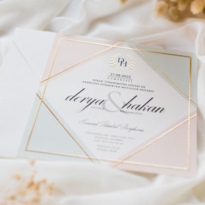 Powder&Mint Green Color Modern Wedding Invitation Card with Gold Foil Geometric Lines and White Envelope, Minimal Invite, Printed