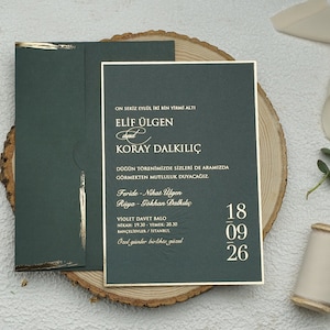 Embossed Patterned Green Khaki Modern Wedding Invitation Card with Gold Foil Border and Gold Foil Edged Green Khaki Envelope, Printed