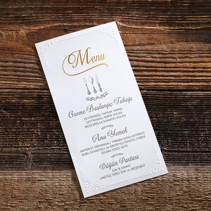 Gold Foiled White Wedding Menu Detail Card with Embossed Trim, Editable, Printed