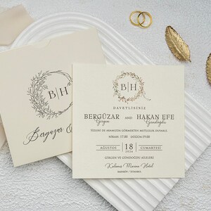 Cream Ivory Modern Wedding Invitation Card and Cream Ivory Sleeve with Floral Botanical Monogram, Minimal Luxury Invite, Printed