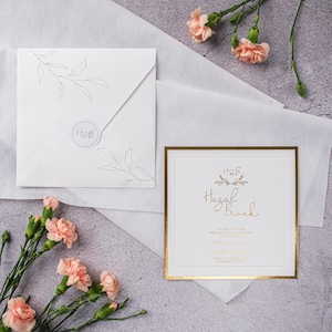 Gold Foiled White Modern Wedding Invitation Card with Gold Border and Floral Botanical White Envelope with Seal, Minimal Invite, Printed