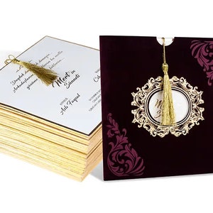 Gold Foiled Edged White Wedding Invitation Card with Gold Tassel and Gold Foiled Burgundy Red Velvet Sleeve, Luxury Thick Invite, Printed