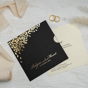 Embossed Leaf Patterned Cream Ivory Modern Wedding Invitation Card and Black Sleeve with Gold Foiled Leaves, Minimal Luxury Invite, Printed