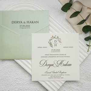 Floral Leaves Monogram White Modern Wedding Invitation Card and Mint Light Green Envelope, Minimal Luxury Invite, Printed