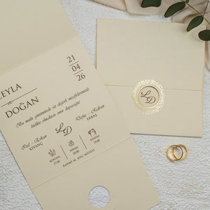 Gold Foil Leaves Cream Beige Flap Folded Modern Wedding Invitation Card, Minimal Luxury Invite, Printed