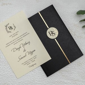 Cream Beige Wedding Invitation with Floral Botanical Monogram and Gold Line Detailed Black Cover, Minimal Luxury Invite, Printed