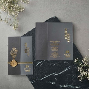 Gold Foil Acrylic Clear Transparent Wedding Invitation and Gold Foil Black Cover with Gold Wax Seal and Gold String, Minimal Invite, Printed