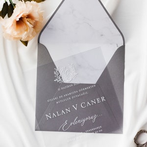 Silver Foiled Clear Acrylic Wedding Invitation Card with Silver Foil Monogram and Marble Pattern Gray Envelope, Minimal Invite, Printed