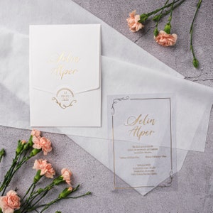 Gold Foil Bordered Clear Acrylic Wedding Invitation Card and Gold Foiled Floral Botanical White Envelope, Minimal Invite, Printed