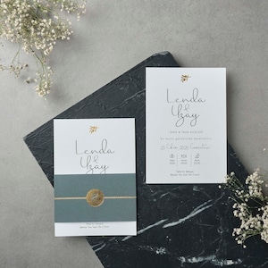 White Modern Wedding Invitation Card with Gold Foiled Green Khaki Belly Band, Minimal Invite, Printed