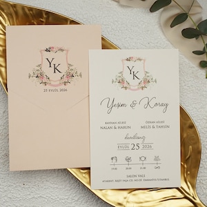 White Modern Wedding Invitation Card and Salmon Envelope with Floral Botanical Monogram, Minimal Invite, Printed
