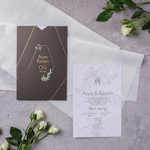 Marble Pattern White Modern Wedding Invitation Card with Green Leaves and Gold Lines - Floral Botanical Gold Foil Geometrical Black Sleeve