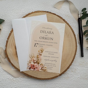 Roses/Leaves Patterned Tricolor Salmon Modern Wedding Invitation Card and White Envelope, Minimal Floral Botanical Invite, Printed
