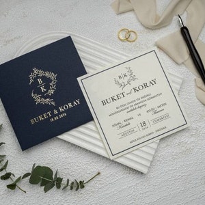 Navy Bordered White Modern Wedding Invitation Card and Dark Navy Blue Envelope with Gold Foiled Botanical Monogram, Minimal Invite, Printed