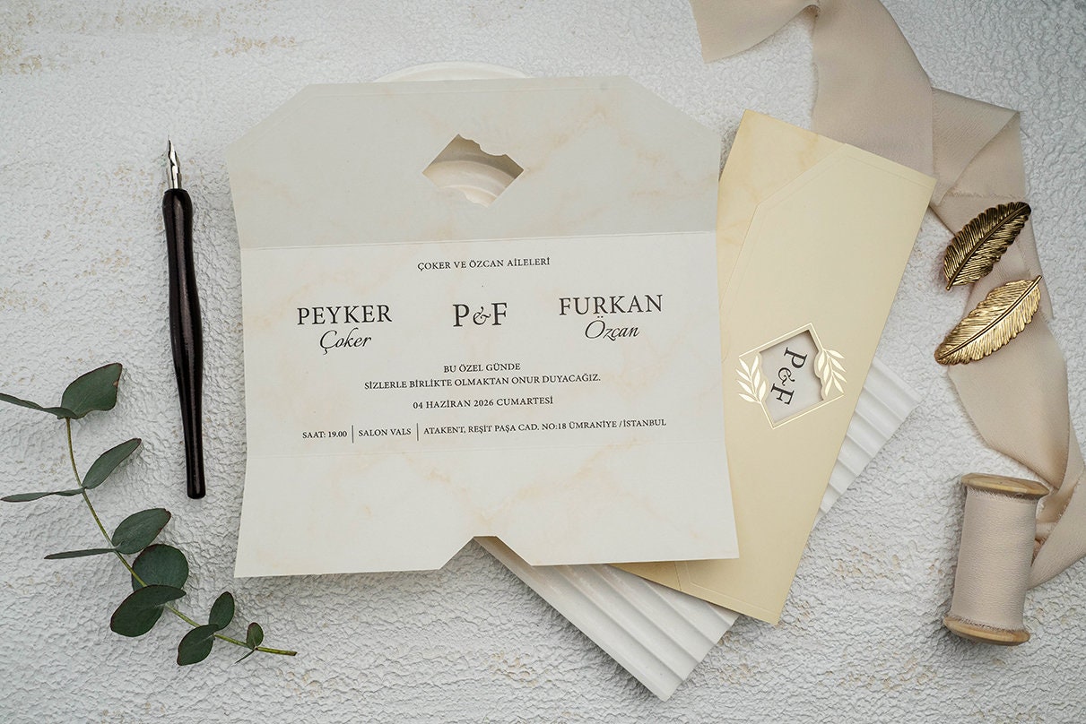 Marble Patterned Salmon Flap Folded Modern Wedding Invitation Card with Gold Foiled Leaves Monogram, Minimal Invite, Printed
