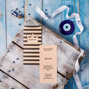 Light Brown Invitation Card and Black Striped Light Brown Sleeve with Crown, Minimal Birthday Invite, Printed