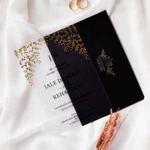 Gold Foil Leaves Patterned Black Foiled Floral Botanical Acrylic Clear Transparent Wedding Invitation and Gold Foil Black Envelope, Printed