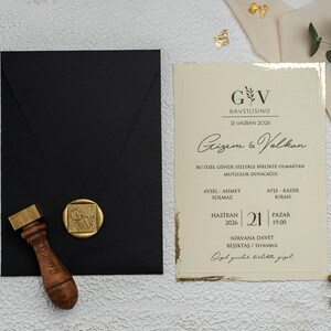 Wavy Gold Foil Edge Cream Ivory Wedding Invitation Card and Black Envelope with Gold Wax Seal, Minimal Invite, Printed