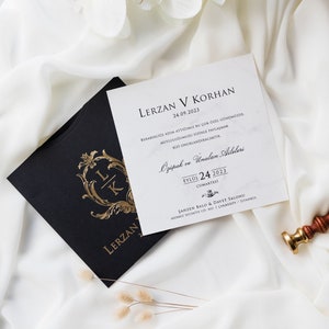 Marble Pattern White Modern Wedding Invitation Card and Black Sleeve with Gold Foiled Monogram, Minimal Luxury Invite, Printed