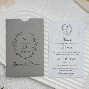 Marble Patterned White Modern Wedding Invitation Card and Gray Sleeve with Black Floral Monogram, Minimal Luxury Invite, Printed