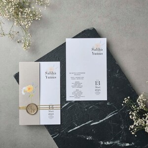 Flower Pattern White Wedding Invitation and Floral Botanical Mink Color Cover with Gold Wax Seal and Gold String, Luxury Invite, Printed