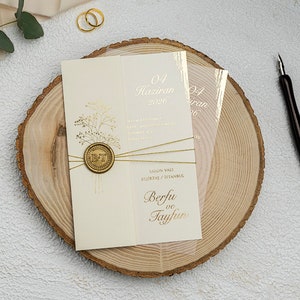 Gold Foil Acrylic Clear Transparent Wedding Invitation and Gold Foil Leaf Cream Cover with Wax Seal and Gold String, Luxury Invite, Printed