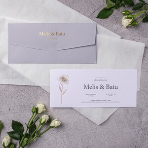 Embossed Border White Wedding Invitation Card with Gold Foil Flower and Gold Foiled Light Gray Envelope, Minimal Invite, Printed