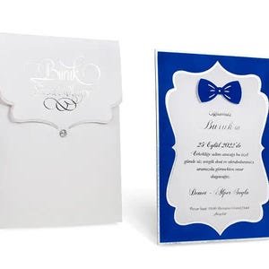 Sax Royal Blue Velvet Detailed Silver Foiled White Wedding Invitation Card with Bow Tie and White Envelope, Luxury Thick Invite, Printed