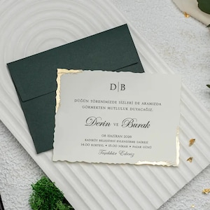 Wavy Gold Foil Edge White RSVP Card and Green Khaki Envelope, Editable, Printed