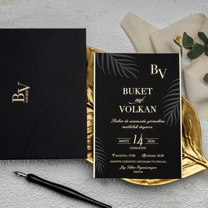 Gold Foil Edge Leaves Pattern Black Modern Wedding Invitation Card and Gold Foiled Black Envelope, Minimal Luxury Invite, Printed