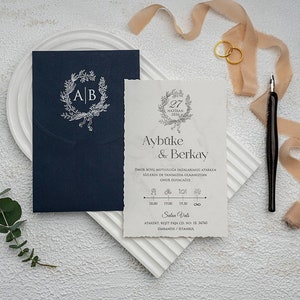 Marble Patterned White Wedding Invitation Card and Silver Foil Floral Botanical Monogram Dark Navy Blue Envelope, Modern Invite, Printed