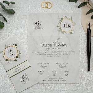 Botanical Gold Foiled Geometric Monogram Marble Patterned Foldable White Wedding Invitation Card with Belly Band , Minimal Invite, Printed