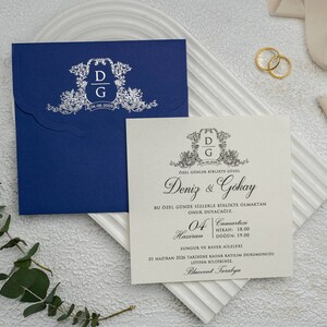 White Modern Wedding Invitation Card with Floral Botanical Monogram and Silver Foil Sax Royal Blue Envelope, Minimal Luxury Invite, Printed