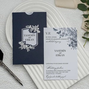 Navy Flower&Butterflies Pattern White Wedding Invitation Card and Dark Navy Blue Sleeve with Silver Foil Monogram, Minimal Invite, Printed