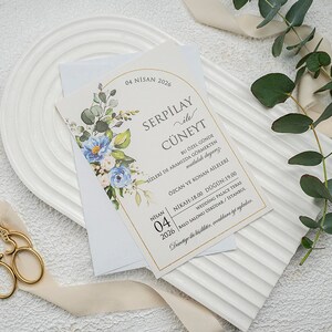 White Ivory Modern Wedding Invitation Card with Blue Flowers Frame and White Envelope, Minimal Floral Botanical Invite, Printed