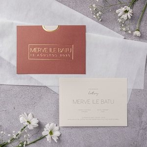 Embossed Bordered White Ivory Wedding Invitation Card and Gold Foiled Terracotta Burnt Orange Sleeve, Minimal Invite, Printed