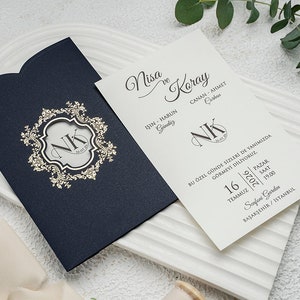 White Ivory Modern Wedding Invitation Card and Dark Blue Navy Sleeve with Gold Foiled Monogram, Minimal Invite, Printed