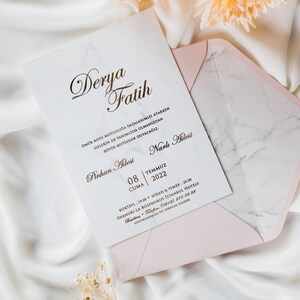Marble Patterned Gold Foiled White Modern Wedding Invitation Card and Marble Patterned Pastel Light Powder Pink Envelope, Minimal Invite