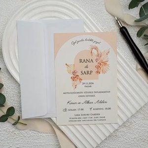 Salmon Roses/Leaves Patterned White Ivory Modern Wedding Invitation Card and White Envelope, Minimal Floral Botanical Invite, Printed