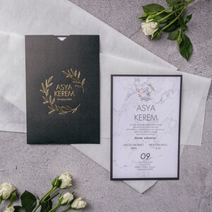 Marble Pattern White Wedding Invitation Card with Gold Foiled Monogram - Gold Foiled Floral Botanical Black Sleeve, Minimal Invite, Printed
