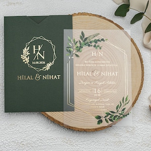 Acrylic Wedding Invitation Card with Geometrical Border - Gold Foil Green Sleeve, Green Leaf Botanical Clear Transparent, Printed