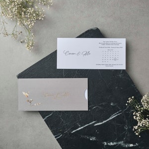 White Wedding Calender Invitation Card and Floral Botanical Pattern Gold Foiled Gray Sleeve, Minimal Invite, Printed