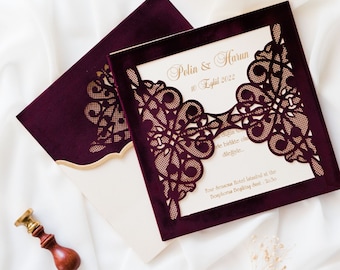 Gold Foiled White Ivory Wedding Invitation Card with Burgundy Velvet Cover - Burgundy Velvet Envelope with Shiny Stone, Luxury Thick Invite