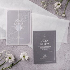 Floral Botanical Patterned White Translucent Vellum Paper Coated Gray Wedding Modern Invitation Card with Silver Foil Border and Seal