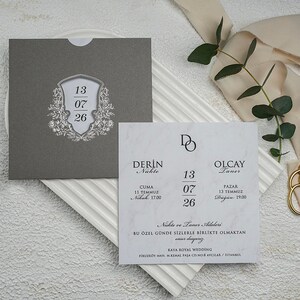 Marble Patterned White Modern Wedding Invitation Card and Gray Sleeve with Silver Foiled Floral Botanical Monogram, Minimal Invite, Printed