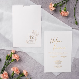 Gold Foiled White Wedding Invitation Card and Gold Foiled Floral Botanical White Sleeve, Minimal Invite, Printed