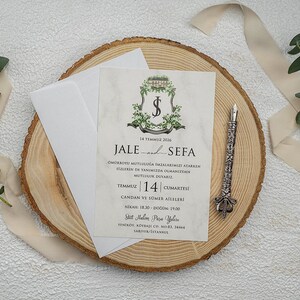 Marble Patterned White Modern Wedding Invitation Card with House/Green Leaves Monogram and White Envelope, Minimal Invite, Printed