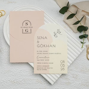 Oval Curved Arched Tricolor Neutral Toned Wedding Invitation Card with Butterfly and Powder Color Envelope,  Minimal Luxury Invite, Printed
