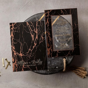 Black Copper Marble Framed Gold Foiled Acrylic Clear Transparent Wedding Invitation Card and Black Copper Envelope, Minimal Invite, Printed
